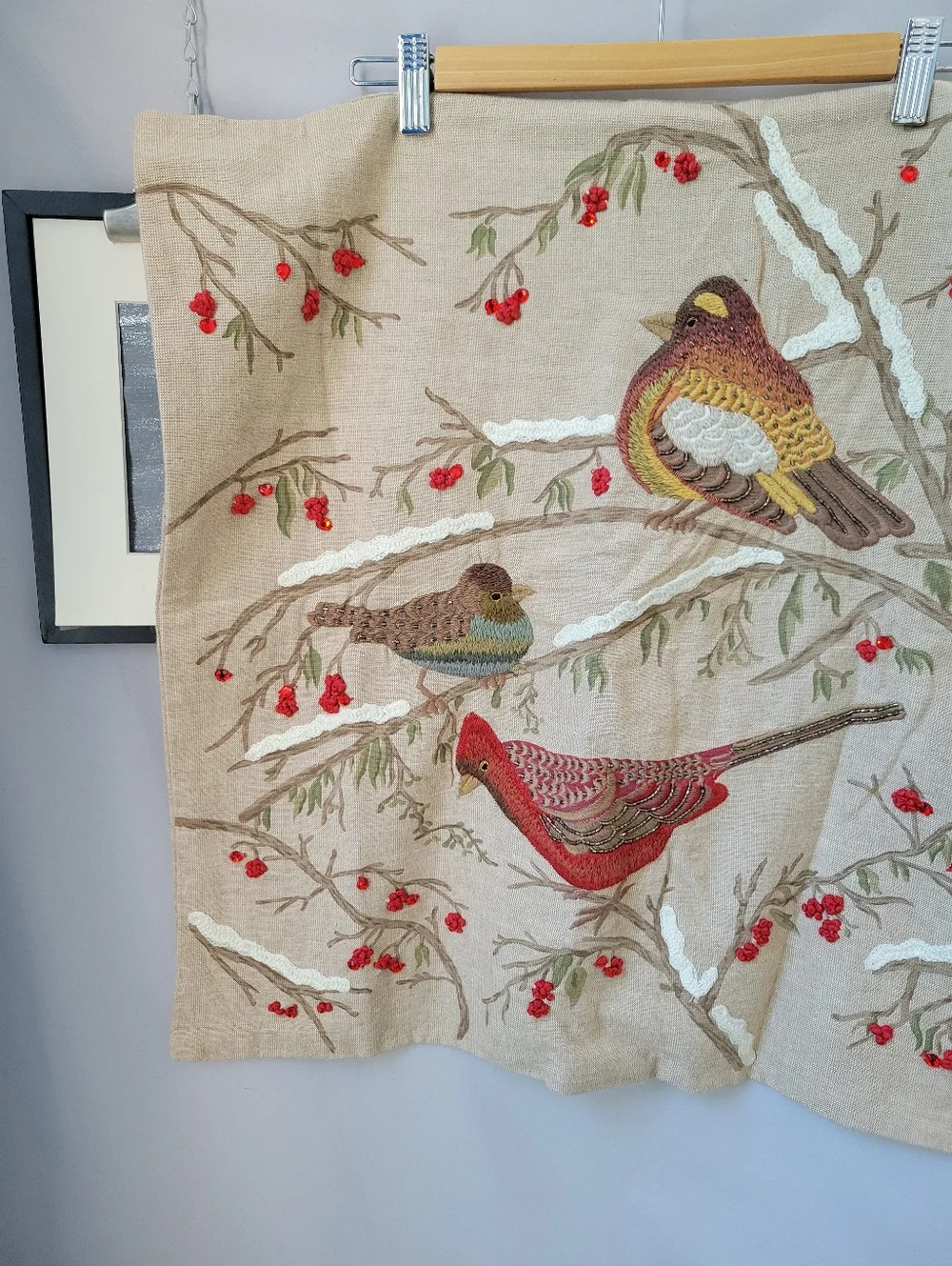 Pottery Barn Embroidered Winter Birds on Branch Cotton Pillow Cover 24 x 24